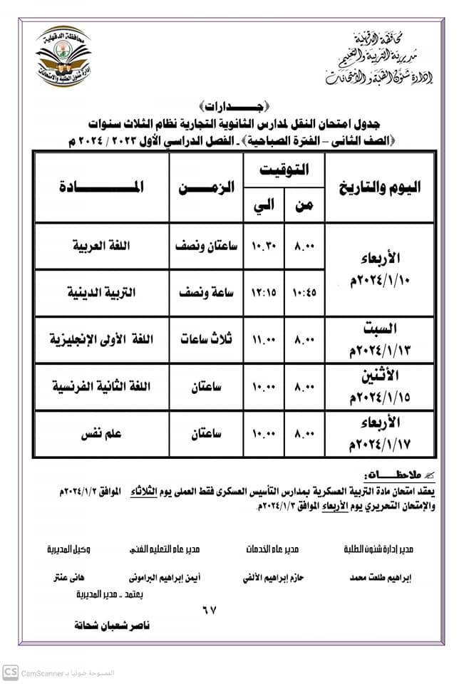 جداول ومواعيد امتحانات الفصل الدراسي الأول لجميع المراحل التعليمية في الدقهلية