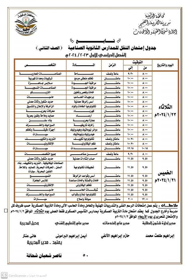 جداول ومواعيد امتحانات الفصل الدراسي الأول لجميع المراحل التعليمية في الدقهلية