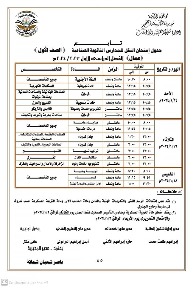 جداول ومواعيد امتحانات الفصل الدراسي الأول لجميع المراحل التعليمية في الدقهلية