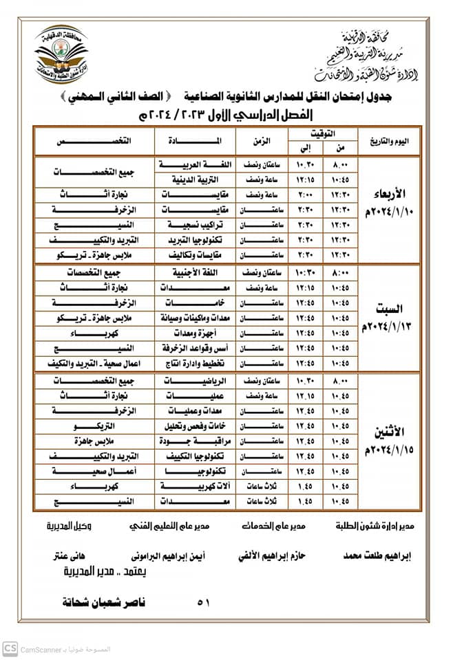 جداول ومواعيد امتحانات الفصل الدراسي الأول لجميع المراحل التعليمية في الدقهلية