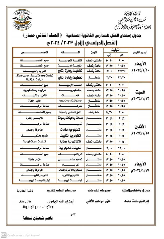 جداول ومواعيد امتحانات الفصل الدراسي الأول لجميع المراحل التعليمية في الدقهلية