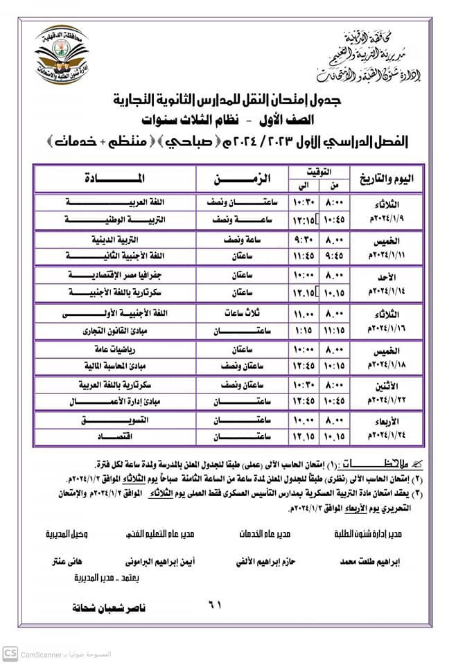 جداول ومواعيد امتحانات الفصل الدراسي الأول لجميع المراحل التعليمية في الدقهلية