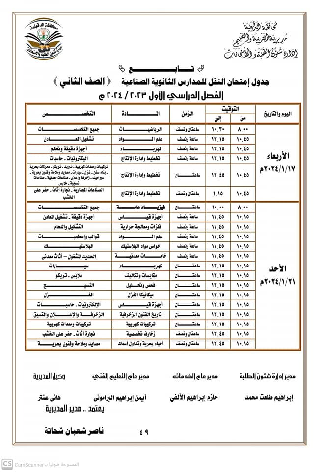 جداول ومواعيد امتحانات الفصل الدراسي الأول لجميع المراحل التعليمية في الدقهلية